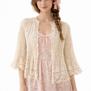 Collections M/L Cream Crochet Sweater 3/4 sleeve Cardigan Vintage 70’s style